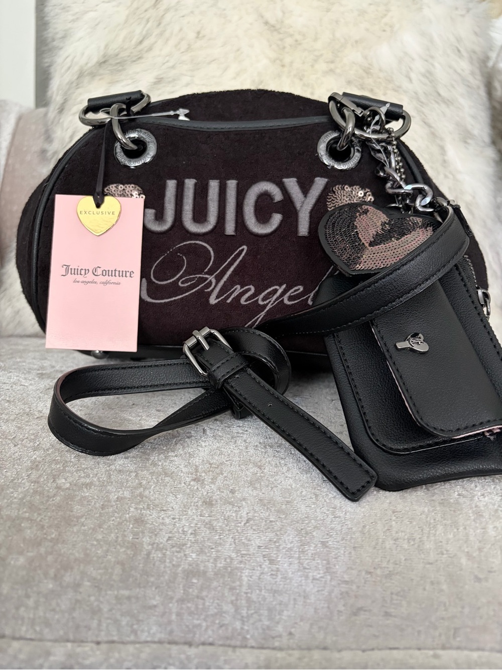 NWT Black Juicy Couture "Juicy Angel" Bowler Satchel Bag With Heart Charm, Pouch